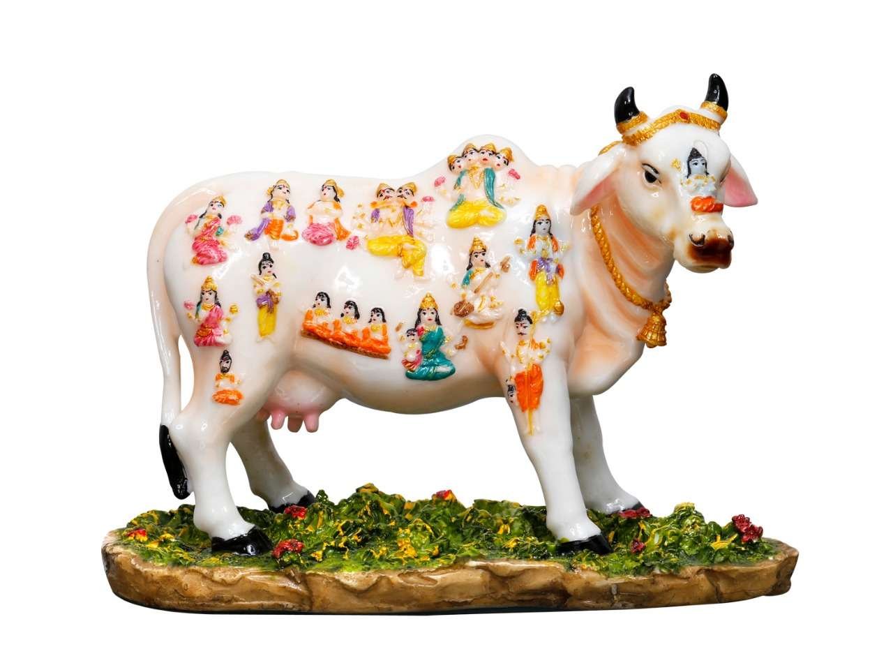 Handcrafted Big Beautiful Sacred Cow Idol-Height-6.5 Inches-Multicoloured-Resin