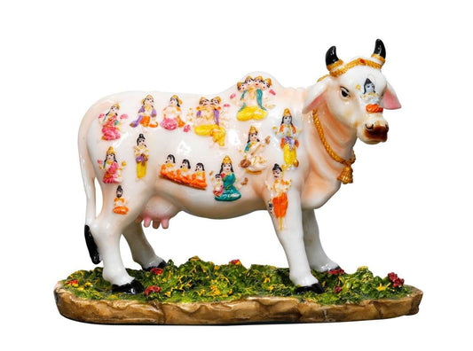 Handcrafted Big Beautiful Sacred Cow Idol-Height-6.5 Inches-Multicoloured-Resin