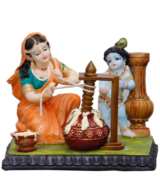 Handcrafted Big Cute Maa Yashoda Extracting Butter with Krishna Idol-Height-5.5 Inches-Multicoloured-Resin