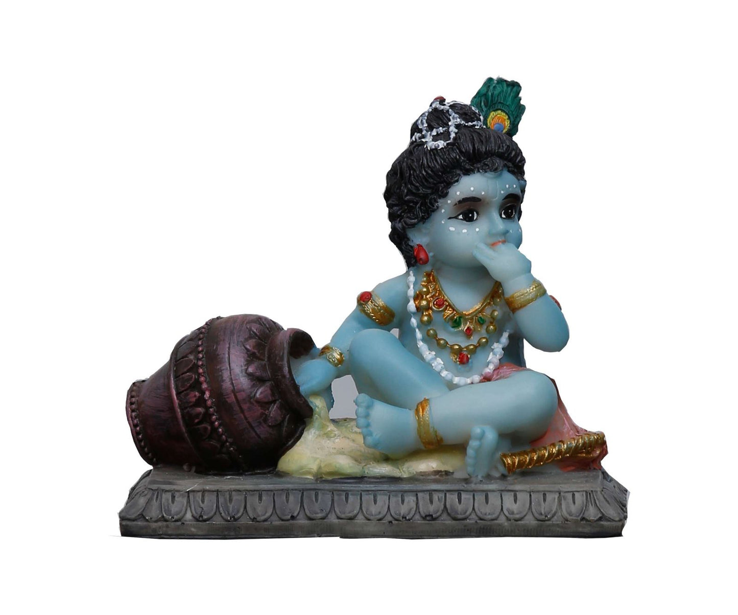 Handcrafted Krishna Idol Stealing Butter from Pot On Rectangle Stage-Height-3.5 Inches-Multicolour-Resin