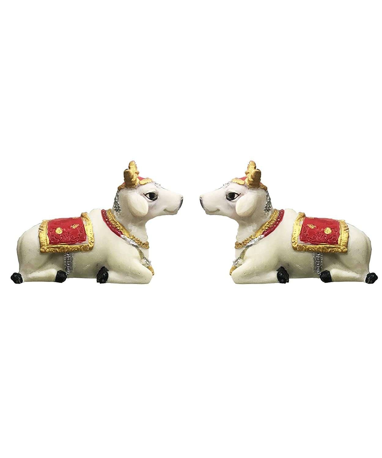 Handcrafted Cute Mini Kneeling Pair Of Cows Idol for Car-Height-2 Inches-Multicoloured-Resin