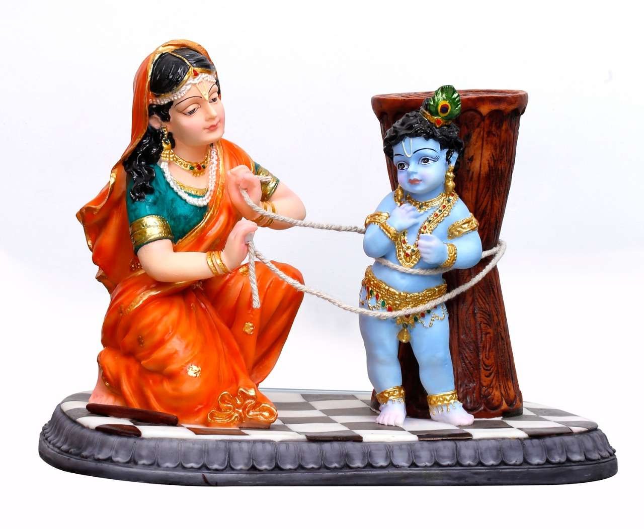 Handcrafted Big Beautiful Maa Yashoda Binding Krishna Idol with Rope (Damodar Leela)-Height-12.5 Inches-Multicoloured-Resin