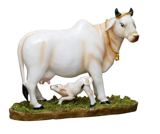 Handcrafted ig Sacred Cow Idol with Calf On Base-Length-13 Inches-Multicoloured-Resin
