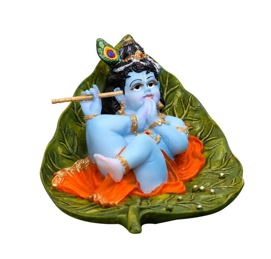 Handcrafted Big Beautiful Krishna Idol On Floating Petal Leaf for Home Decoration-Height-4.5 Inches-Multicolour-Resin