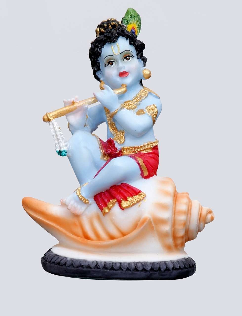 Handcrafted Krishna Idol Sitting On Conch Shell Playing Flute-Height-4.5 Inches-Multicolour-Resin