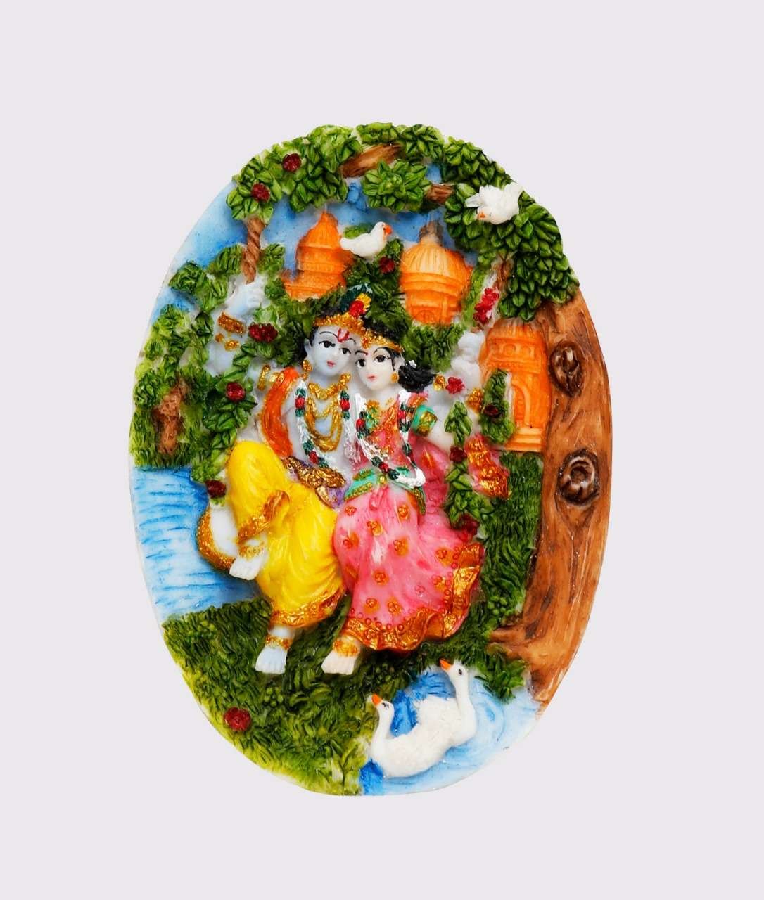 Handcrafted Small Cute Oval Shaped Radha Krishna Idol On Swing (Wall Hanging)-Height-4 Inches-Multicoloured-Resin