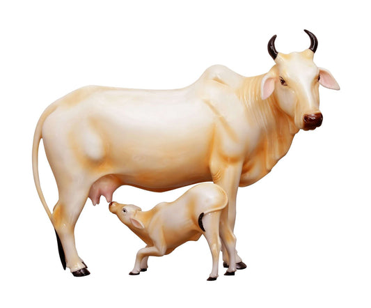 Handcrafted Very Large Beautiful Standing Cow and Calf Idol-Length-19 Inches and Height-14 Inches-Multicoloured-Resin