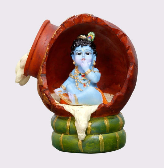 Handcrafted Beautiful Krishna Idol Sitting Inside Butter Pot Eating Butter-Height-4.5 Inches-Multicolour-Resin