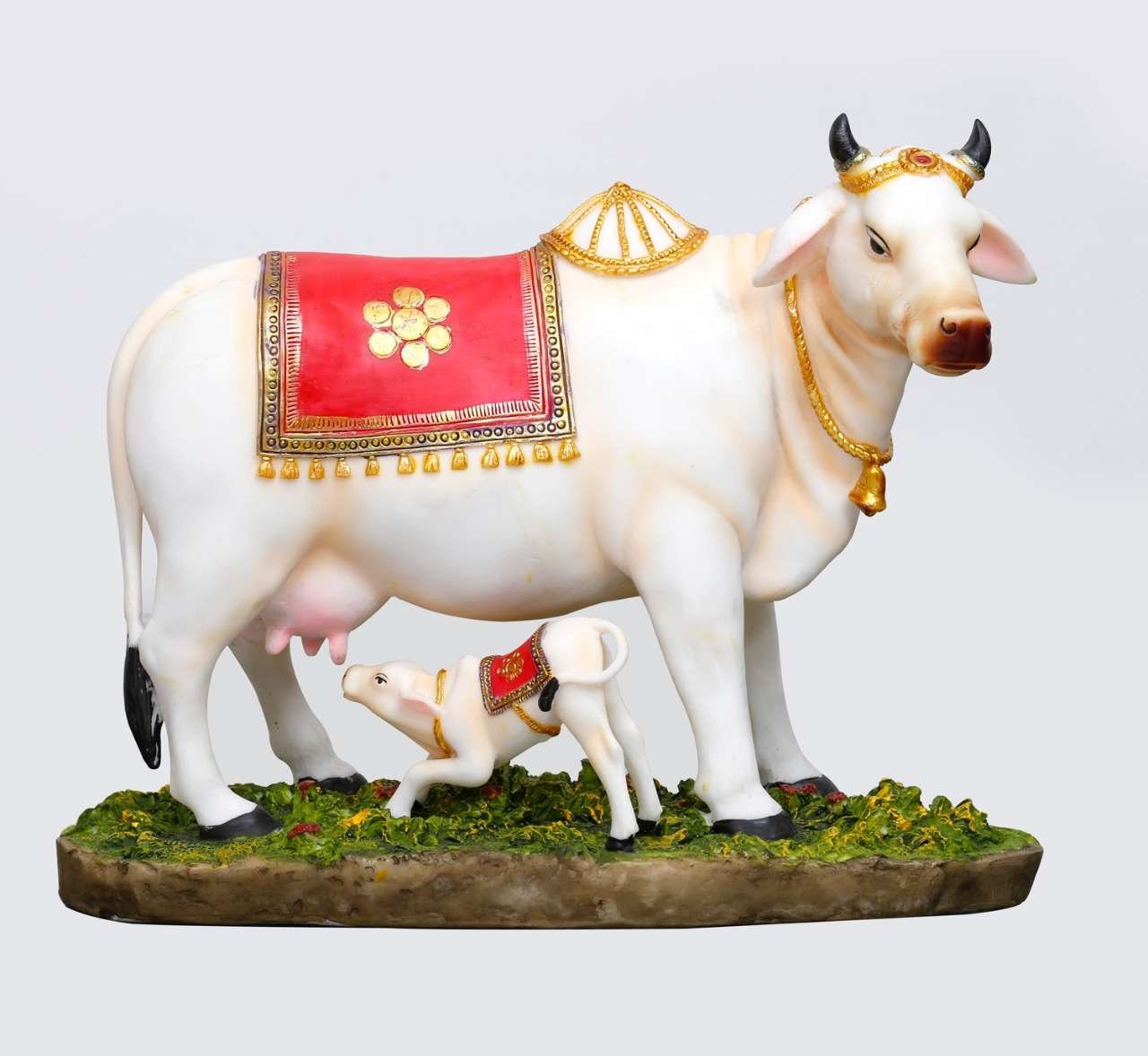 Handcrafted Big Beautiful Decorated Cow and Calf Idol On Base-Multicoloured-Height-10 Inches-Resin