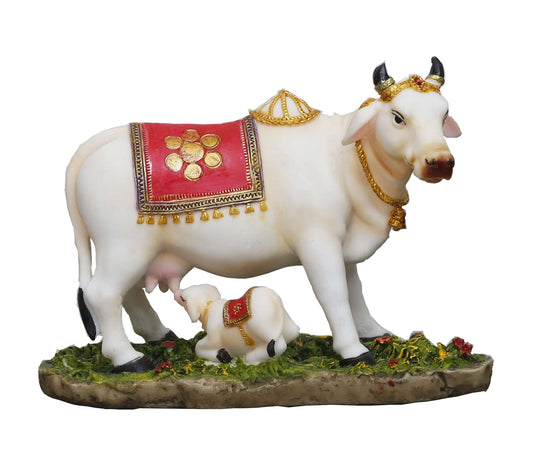 Beautiful Medium Beautiful Decorated Cow & Calf Idol On Base-Height-6.5 Inches-Multicoloured-Resin