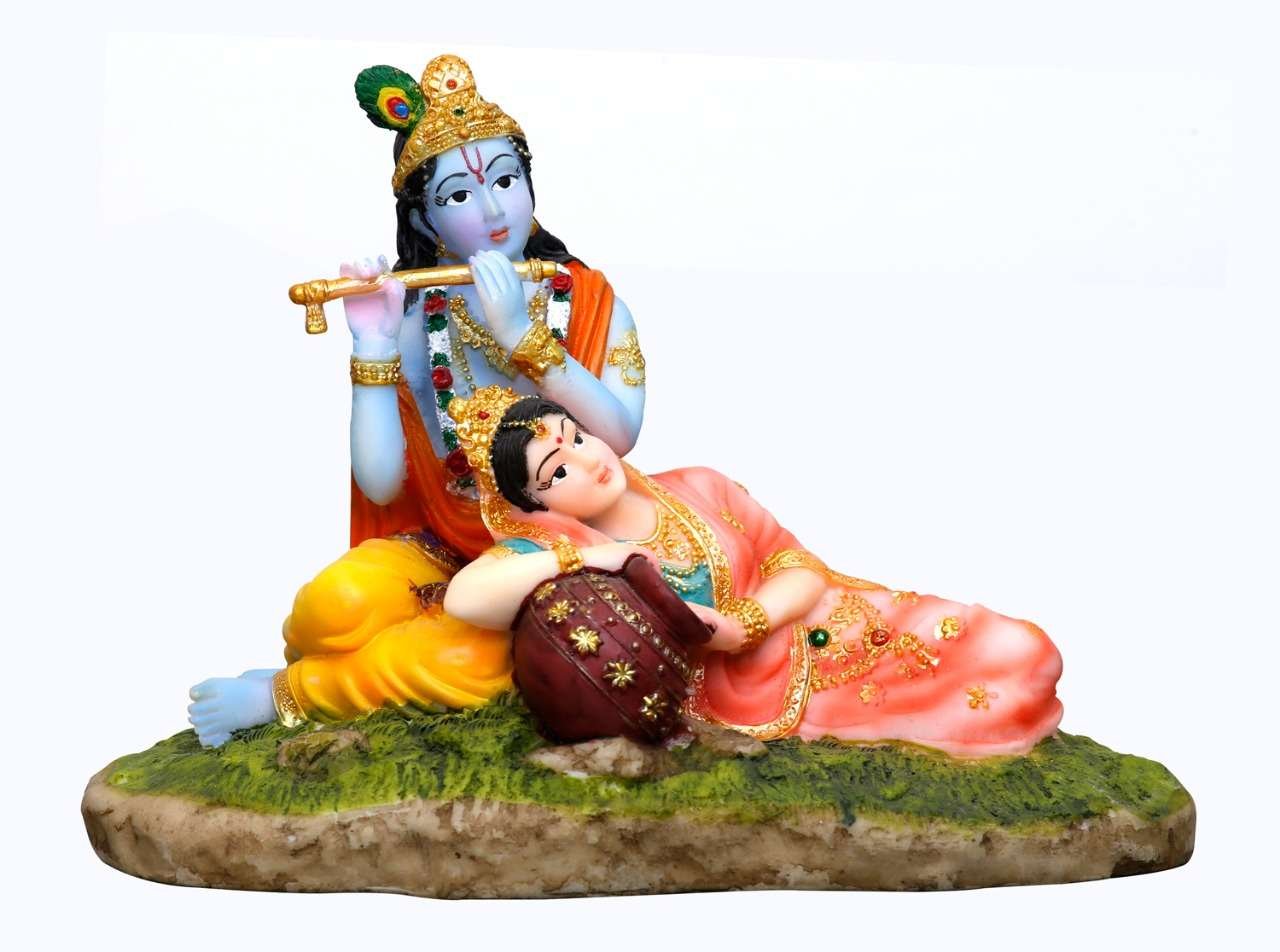 Handcrafted Medium Radha Krishna Idol Besides Yamuna-Height-6.5 Inches-Multicolour-Resin