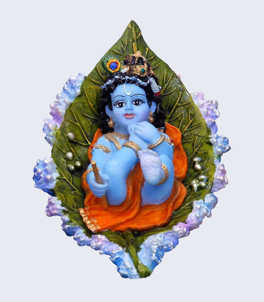 Handcrafted Medium Cute Krishna Idol/Statue Floating On Petal Leaf-Length-4 Inches-Multicoloured-Resin