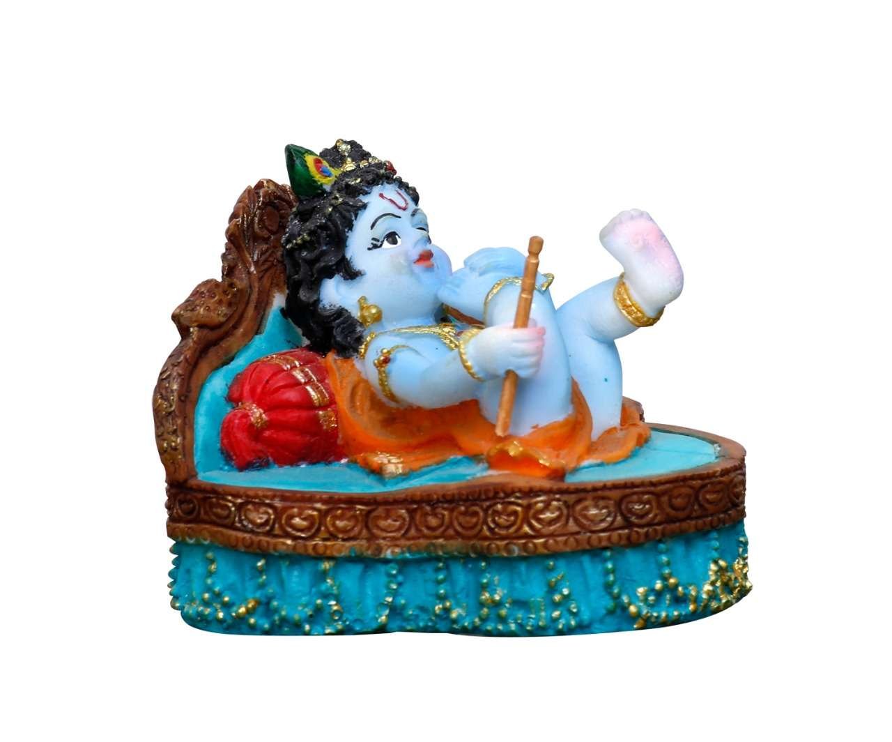 Handcrafted Cute Baby Krishna Idol On Aasan with Flute-Length-4.5 Inches-Multicolour-Resin