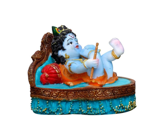 Handcrafted Cute Baby Krishna Idol On Aasan with Flute-Length-4.5 Inches-Multicolour-Resin
