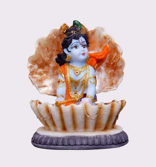 Handcrafted New Krishna Idol Sitting Inside Shell-Height-5.5 Inches-Multicolour-Resin