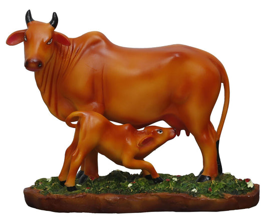 Handcrafted Medium Cute Standing Cow and Calf (Brown) On Base For Home Decoration-Height-7 Inches
