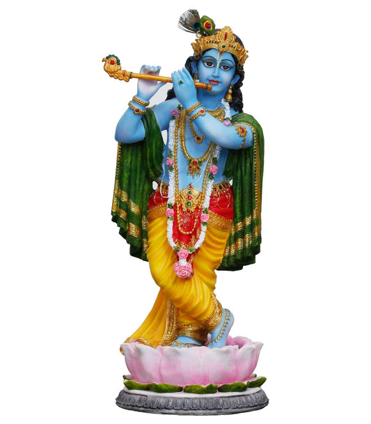 Handicraft Very Large Beautiful Standing Krishna Playing Flute On Lotus For Home Decoration-Height-22 Inches-Multicolour-Resin