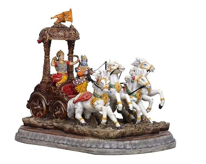 Resin Large Geeta Rath Depicting Four Horses and Krishna Idol (LxBxH - 17x11x14 Inches, Bronze Antique Finish)