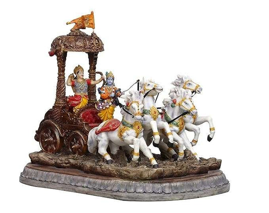 Resin Large Geeta Rath Depicting Four Horses and Krishna Idol (LxBxH - 17x11x14 Inches, Bronze Antique Finish)