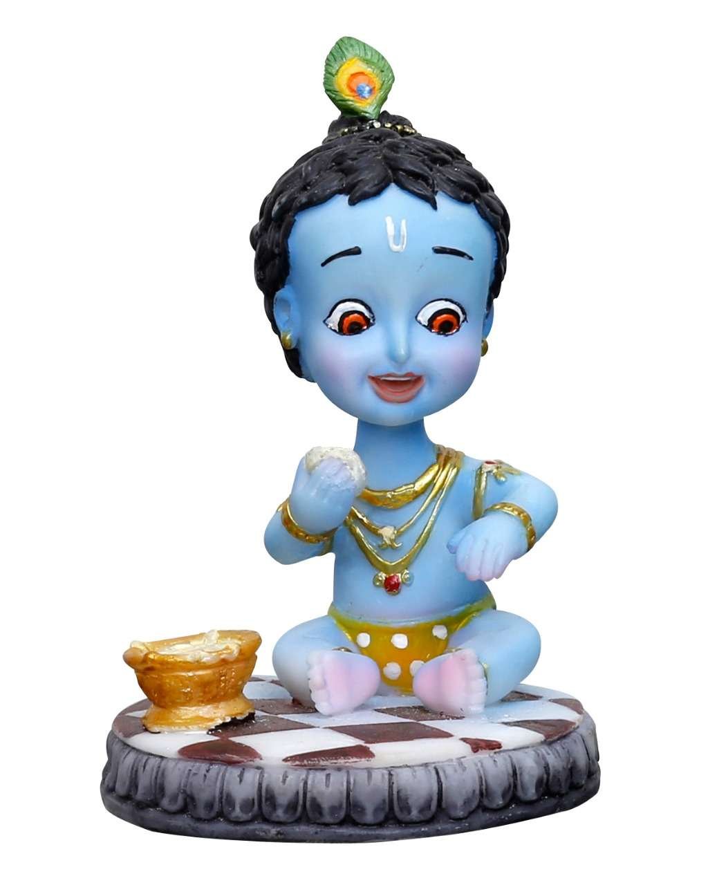 Handcrafted Cute Cartoon Krishna Eating Butter On Base For Home Decoration-Height-5 Inches-Resin