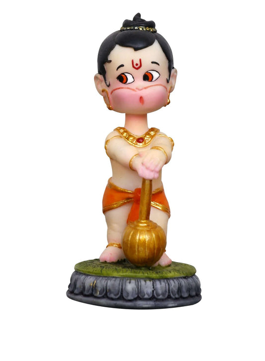 Handcrafted Cute Cartoon Hanuman Standing With Gada On Base For Home Decoration-Height-6 Inches-Resin