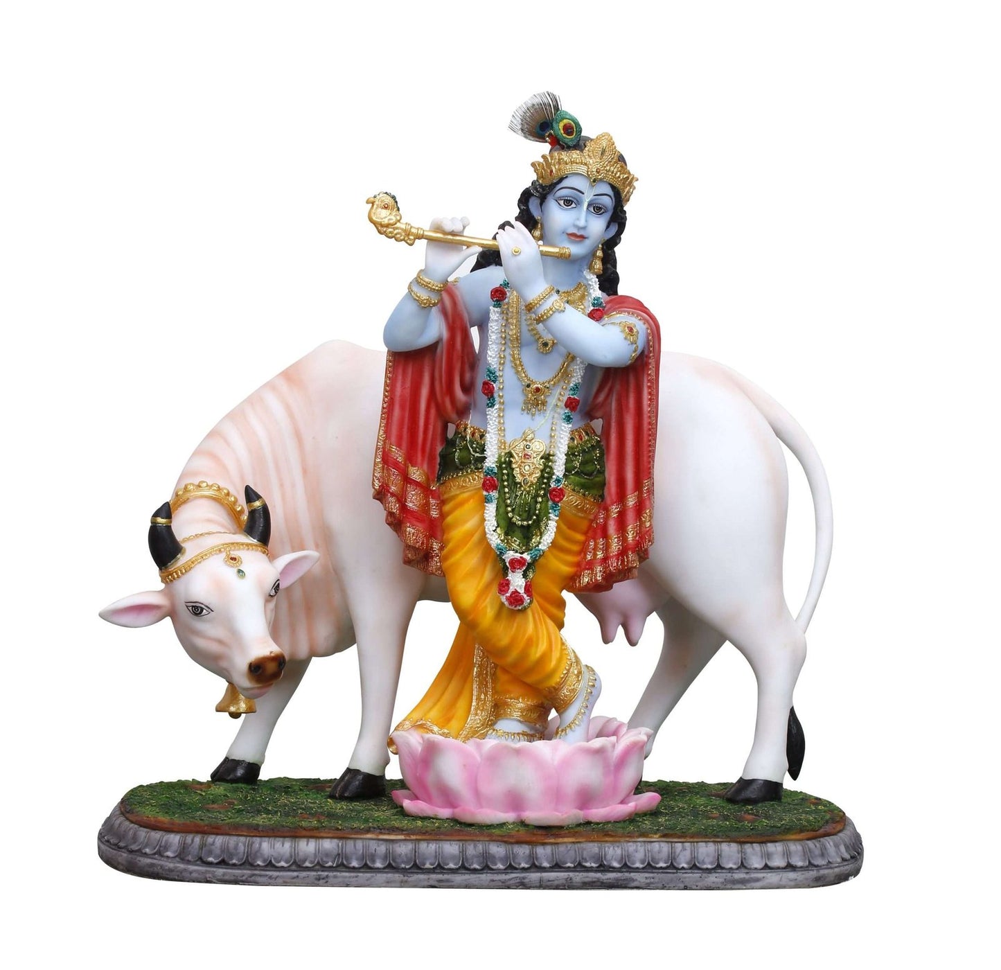 Hand Crafted Large Krishna Idol with Cow Statue-Idol/Statue/Figurine Height-22.5"-Resin-Multicolour