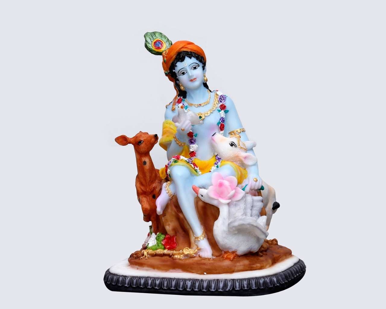 Handcrafted Cute Krishna Playing Flute Alongside Birds and Animals For Home Decoration-Height-7 Inches-Multicoloured-Resin