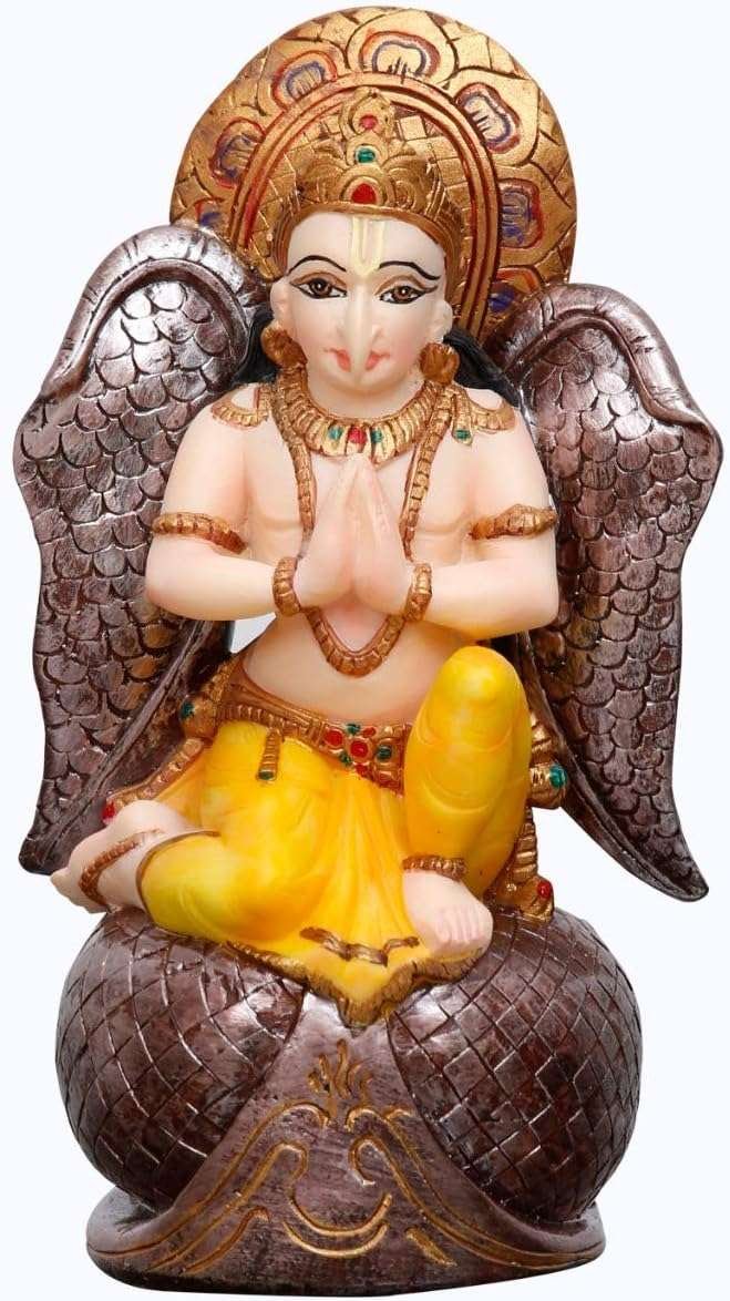New Hand Crafted Large Sitting Garuda Dev-Hindu God and Goddess Idol/Statue/Murti/Figurine(7")-Polyster Resin-Multicolour