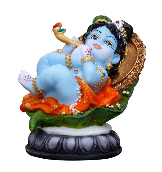 Handcrafted Cute Krishna On Leaf With Stage For Home Decoration-Height-3.5 Inches-Multicoloured-Resin