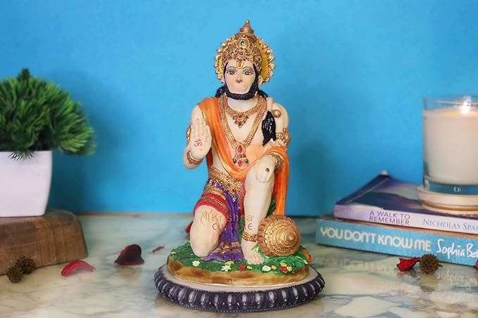 Poly Resin Sitting Hanuman Ji Idol, 8.2 Inches, Multicolour