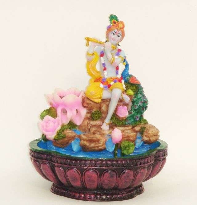 - Hindu God and Goddess - Krishna with Flute Water Fountain with Light Effects- Statue (7"x7"x9") , Multicolour