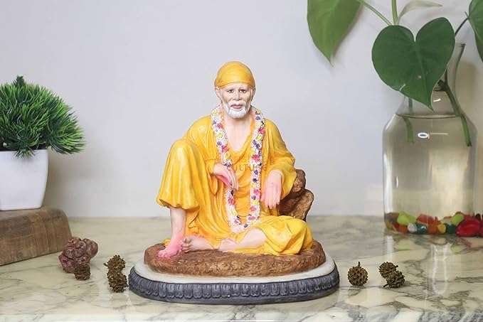 Sitting Sai Baba Idol/Murti (Coloured)(Height-7.5") - Hindu God and Goddess Idol/Statue/Murti/Figurine-Polyster Resin-Multicolour