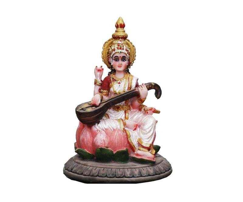 Hand Crafted Big Saraswati Murti, Saraswati Idol-Height-5.5 Inches-Coloured Finish-Resin-Home Décor
