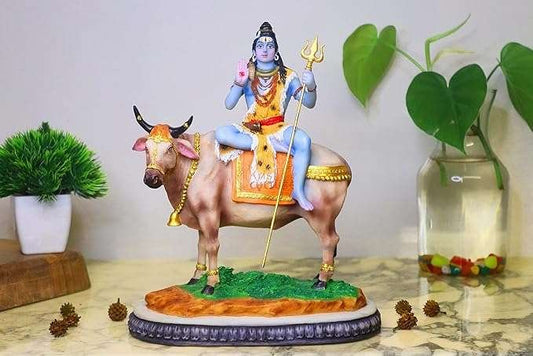 Hand Crafted Large Sitting Shanker Ji/Shiv Ji (Height-10 Inches) On Nandi-Hindu God and Goddess Idol/Statue/Murti/Figurine-Polyster Resin-Multicolour