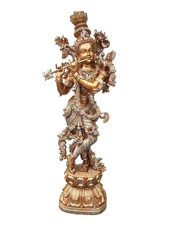 New Extra Large Full Carving Krishna 4D- Copper Finish,Height-30 Inches,God Idols/Statue/Figuirnes,Material-Polyresin & Marble,Made in India