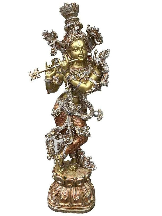 New Extra Large Full Carving Krishna 4D- Gold Finish Finish,Height-30 Inches,God Idols/Statue/Figuirnes,Material-Polyresin & Marble,Made in India