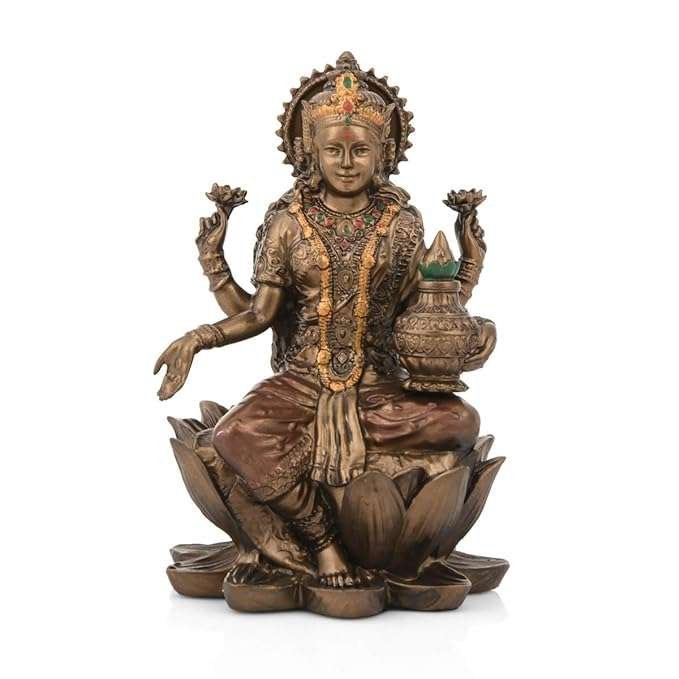 Goddess Lakshmi Idol Hindu Laxmi Statue Home Office Decor-Antique Finish-Resin (Gold, Bronze)
