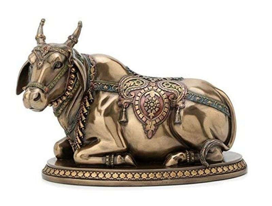 New Big Kneeling Decorated Nandi- The Bull-Antique Finish-Length-16 Cms-Murti for Home