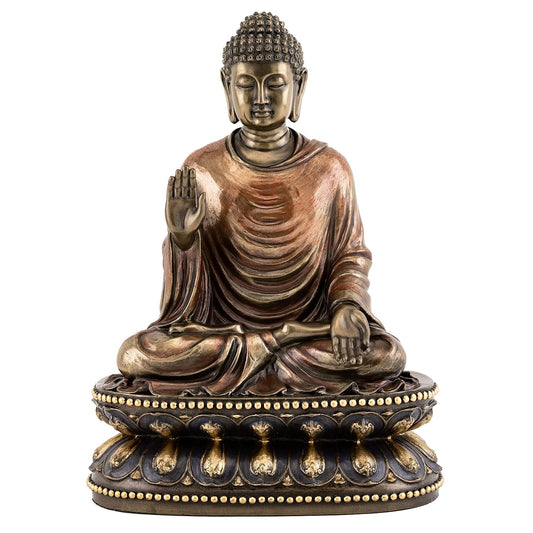 Big Sitting Gautam Buddha Idol Plain Dress On Base-Height-9 Inches-Resin-Metallic