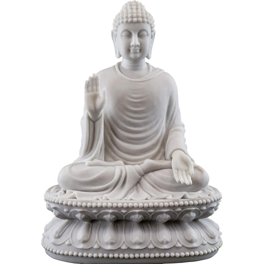 Big Sitting Gautam Buddha Idol Plain Dress On Base-Height-9 Inches-Resin-White