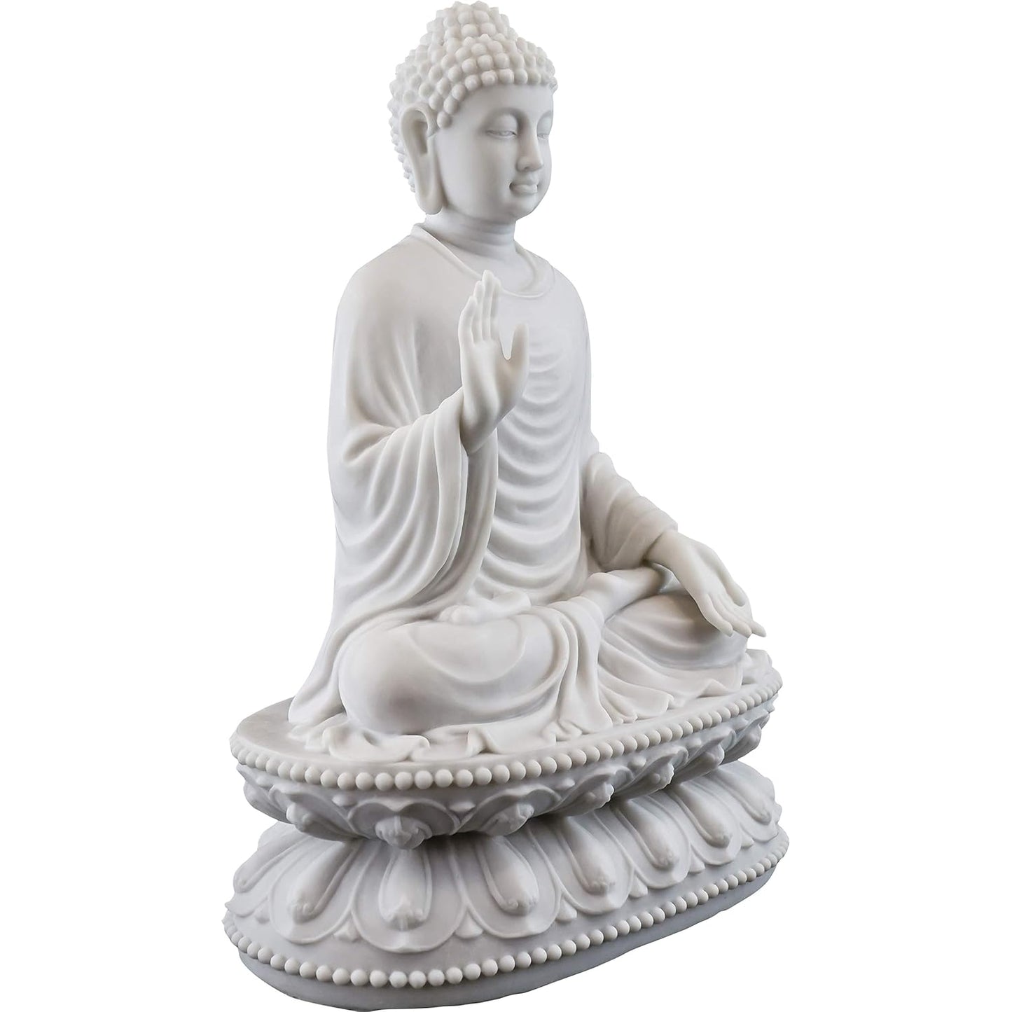 Big Sitting Gautam Buddha Idol Plain Dress On Base-Height-9 Inches-Resin-White