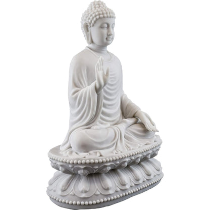Big Sitting Gautam Buddha Idol Plain Dress On Base-Height-9 Inches-Resin-White