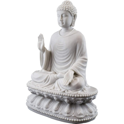 Big Sitting Gautam Buddha Idol Plain Dress On Base-Height-9 Inches-Resin-White
