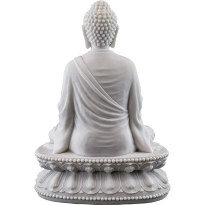 Big Sitting Gautam Buddha Idol Plain Dress On Base-Height-9 Inches-Resin-White
