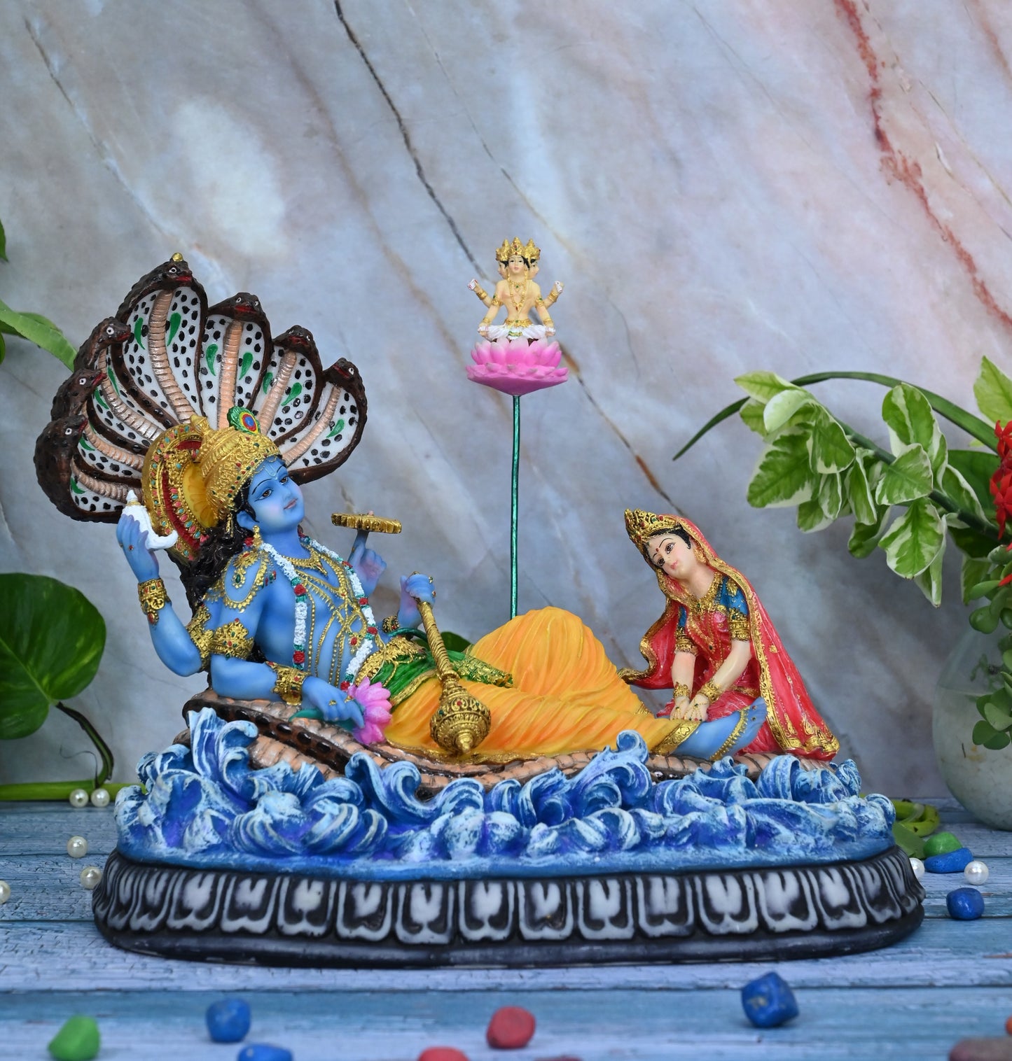 Sitting Laxmi Narayan Vishnu Idol With Brahma-Multicoloured-Resin-Height-10 Inches