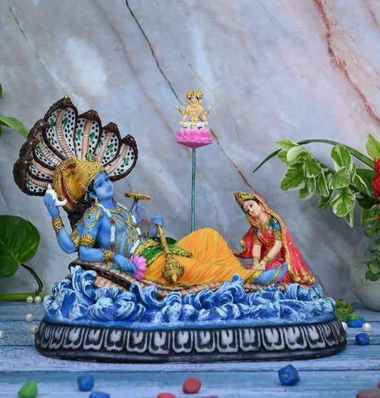 Sitting Laxmi Narayan Vishnu Idol With Brahma-Multicoloured-Resin-Height-10 Inches