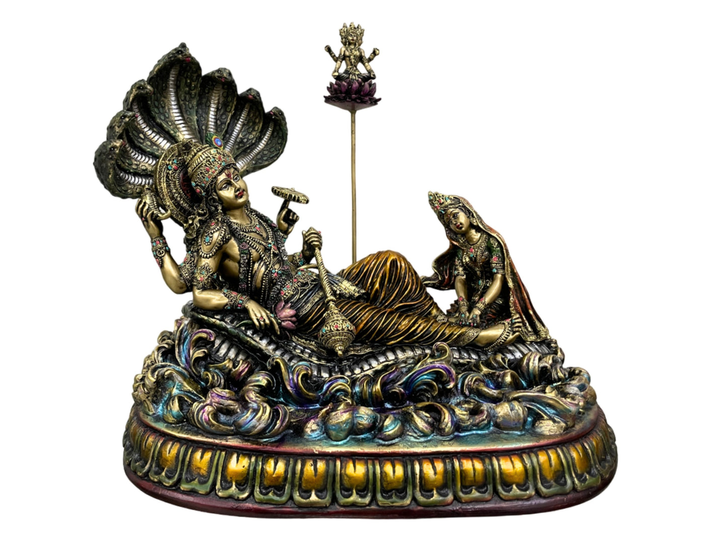 Sitting Laxmi Narayan Vishnu Idol With Brahma-Metallic-Resin-Height-10 Inches