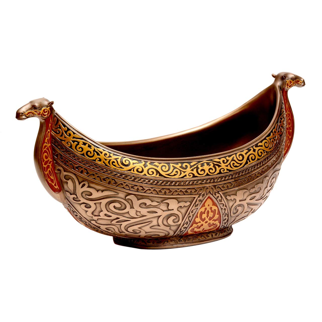 Handmade Camel Boat Engraved Basket/Platter-Egyptian Style-Resin-Length-15.5 Inches-Metallic