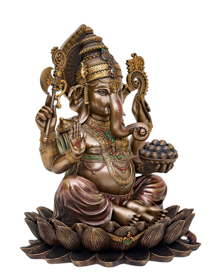 Ganesh Ji Idol Sitting On Lotus-Height-10 Inches-Resin-Metallic-Ganpati