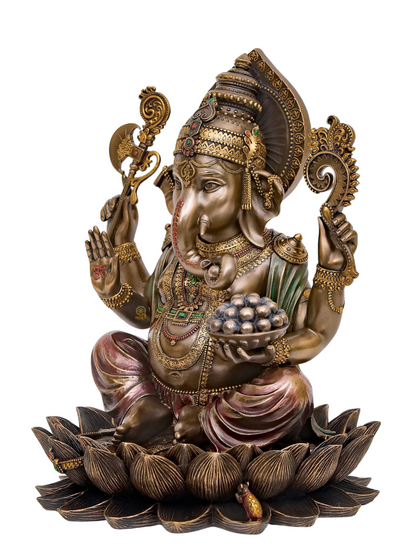 Ganesh Ji Idol Sitting On Lotus-Height-10 Inches-Resin-Metallic-Ganpati